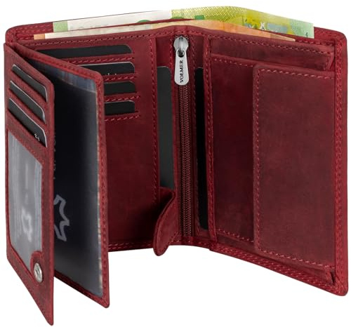 Fa.Volmer ® Ledergeldbörse aus echtem Büffelleder I Großes Portemonnaie für Herren & Damen I TÜV geprüftem RFID Schutz (Black) (Hunter Red)