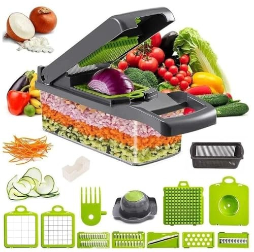 16-in-1 Vegetable Chopper and Mandoline Slicer - Professional Dicer with 8 Interchangeable Stainless Steel Blades, Onion Chopper with Container, Salad Chopper & Veggie Cutter, Grey