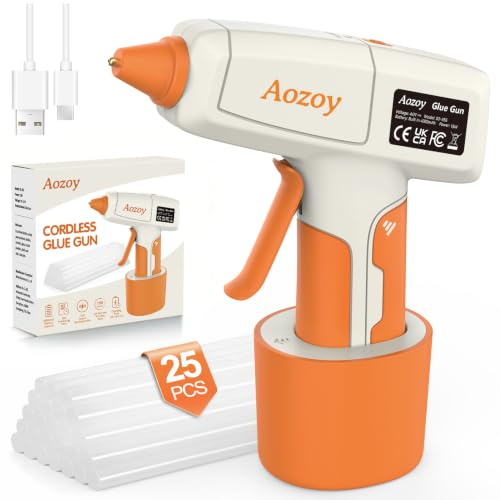 Heißklebepistole Akku Klebepistole Kabellos - Mini Heissklebepistole mit 25 Heißklebesticks 4000 mAh, Intelligente Abschaltung für Schule DIY Kunst Kinder Kleine Handwerk Schnelle Reparaturen Orange