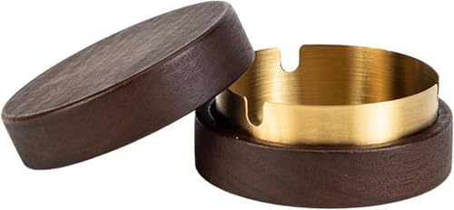 KIMHOME Ashtray, Walnut Wood with Lid and Removable Stainless Steel Lining, Round 90 mm for Car and Outdoor