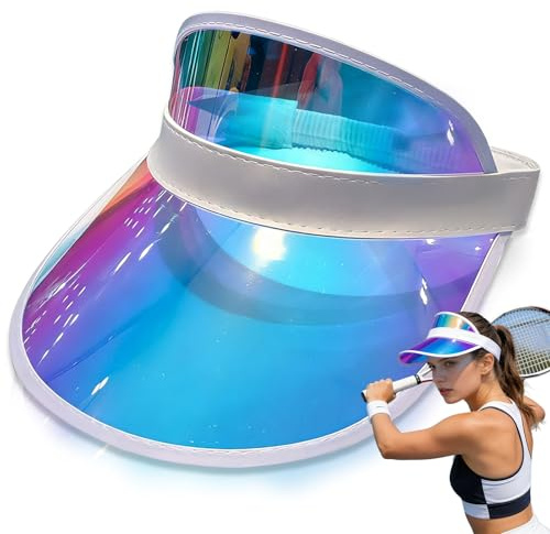 Liekadijiae Visera Neon Retro Retro de Años 80 de Plástico Transparente, Visera Neon Paquete de Sombreros de Plástico Transparente Colorido con Protección UV para Tenis Playa Golf (Bleu Laser)