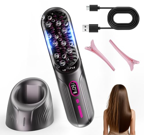 Spazzola riscaldante, spazzola lisciante senza fili, 12 impostazioni di temperatura (120-230 °C), piastra con ioni negativi da 9600 mAh, ricarica USB, modalità aereo, ideale per i viaggi (Grigio)