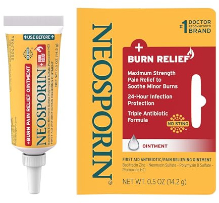 Neosporin + Burn Relief Dual Action Ointment, First Aid Topical Antibiotic & Analgesic for 24-Hour Infection Protection & Maximum Strength Burn Relief for Minor Cuts, Scrapes, and Burns, .5 oz