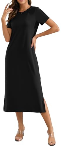 Naggoo Women Short Sleeve Loose Plain Maxi Pockets Dresses Casual Fit Tshirt Long Dresses Black