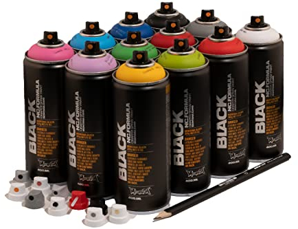 12 Montana Spraydosen - Workshop Set, schnell trocknend, Premium Nitro-Acryllack mit Ersatzcaps und Bleistift