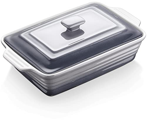 LOVECASA Rechteckige Auflaufform aus Steingut, 4500 ml, Lasagneform mit Deckel und Griffen, 39,5 x 34 x 9 cm, ofen- und mikrowellengeeignet, Grau mit Farbverlauf