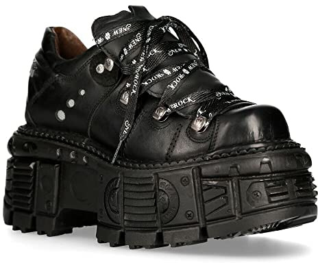 New Rock M-TANK120N Unisex Black 100% Leather Goth Platform Punk Metal Ankle Boots 10
