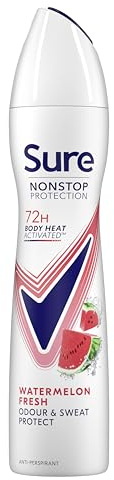 Sure Nonstop Protection Watermelon Fresh Anti-Perspirant Aerosol Women's Deodorant Spray with Body Heat Activated tech. and a watermelon & cactus scent for 72 hour odour and sweat protection 250 ml