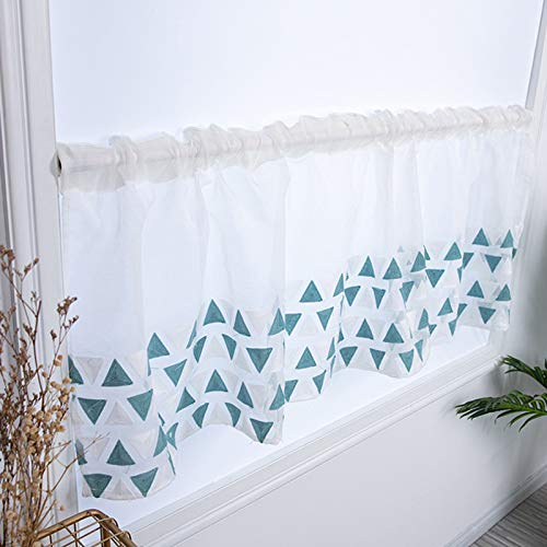 Devola Leinen-Optik Kurzgardine Dreiecksmuster Stickerei Bistrogardine Landhausstil Transparente Flächenvorhang Schiebevorhänge Cáfe Gardine Moderne Kurzstore HxB 60x145cm Blau 1er Pack
