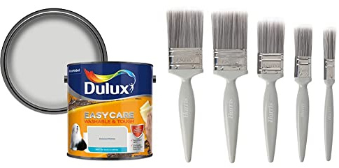 Dulux 403201 Easycare Washable & Tough Matt Emulsion Paint For Walls And Ceilings - Polished Pebble 2. 5 Litres and Harris Essentials Walls & Ceilings Paint Brush Set | Pack of 5 | 0.5, 1, 1.5, 2