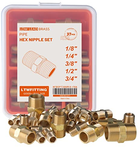 LTWFITTING Brass Pipe Hex Nipple Set, 1/8 inch to 3/4 inch BSPT Male Threaded Fittings, Solid Brass Connector Assortment for Air, Oil, Gas, Water Systems (Pack of 37)