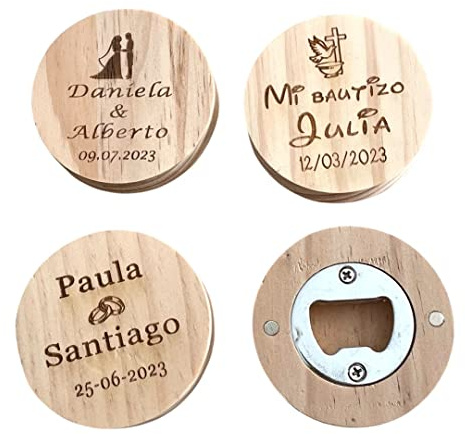 Regalo Grabado - 50 Abridores de Madera Personalizados con Imán | Grabado con Texto, Logo o Diseño Propio | para Bodas, Bautizos y Eventos | Madera Natural | Unidades (50)