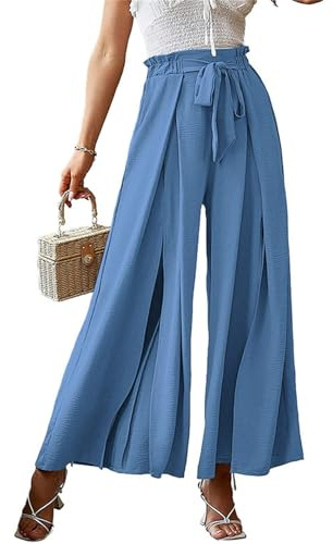Agiyenna Pantalon D'été pour Femme avec Cordon de Serrage Jupe Culotte Longue Pantalon de Loisirs à Jambes Larges Pantalon Élégant avec Ceinture à Nouer Plissé Taille Haute Pantalon Uni avec Nœud