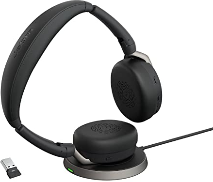 Jabra Evolve2 65 Flex - Stereo Headset with Bluetooth, Wireless Charging Pad, Noise-cancelling Jabra ClearVoice Technology and Hybrid ANC - Certified for MS Teams - Black