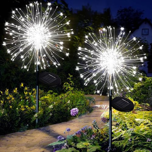 Joycome Solarleuchten für Außen 2 Stück 120 LED Feuerwerk Solarlampen | 8 Modi Gartenleuchten Solar Wetterfest Pusteblume Gartenstecker, Gartenbeleuchtung für Blumenkästen Terrassen Deko - Weiß