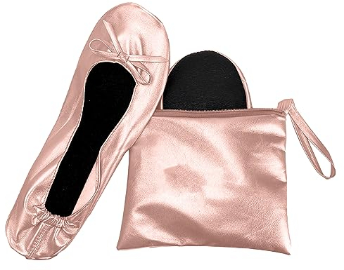 JJ PRIME - Scarpe da ballo pieghevoli con borsa pieghevole per il dopo-festa, arrotolabili, Oro Rosa, 7-8 US