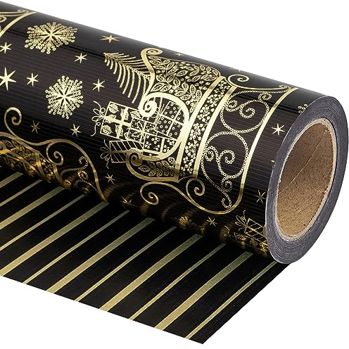 RUSPEPA Reversible Christmas Wrapping Paper - Mini Roll - 43.2 cm x 10 m - Black and Gold Christmas Sleigh and Stripe Design with Metallic Foil Shine for Chrsitmas, Holiday, Party Celebration
