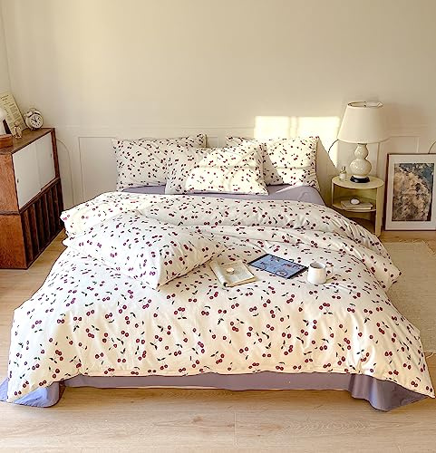 AOJIM Cherry Printed Duvet Cover Set for Kids Adults, Soft 100% Cotton Cute Bedding, Aesthetic Room Decor Comforter Cover with Fruit Motifs, Quilt Cover 3 Pieces (Twin Size), No Comforter