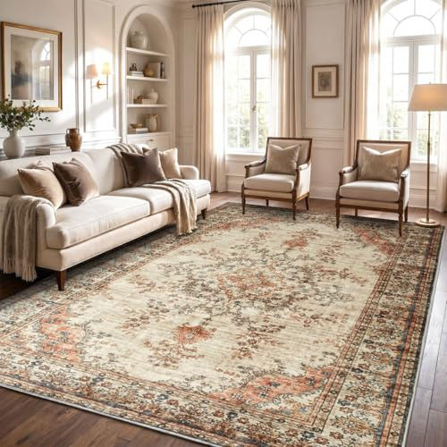 Hafaa Machine Washable Rugs Living Room Large 200x290 cm – Soft Short Pile Area Rugs For Bedroom Dining Room, Kitchen Carpet Non Slip Traditional Floral Design Vintage Boho Cashmere Rug, Timeless