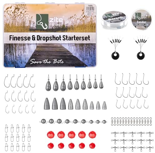 Zite Fishing Finesse & Drop-Shot Angeln Starter-Set - 125 Teile Carolina | Texas Dropshot Rig Box Barsch & Zander - Bleie Cheburashka Offset Haken Fluorocarbon Vorfach & Mehr