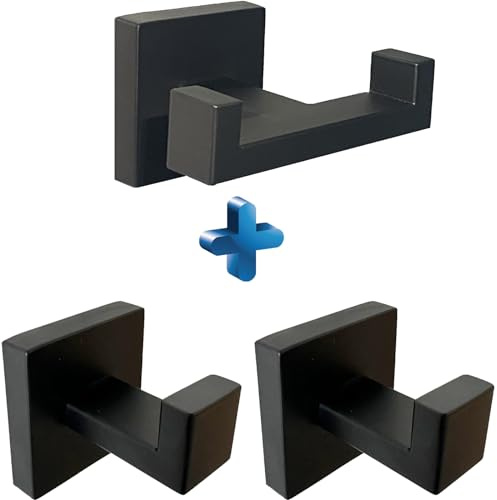 BOZWELL 1 x Doppel-Handtuchhaken + 2 x Handtuchhaken für Badezimmer, mattschwarz, Wandhalterung, 3 Stück, moderner quadratischer Stil, Kleider- und Bademantelhaken, Edelstahl, robuster Türhänger