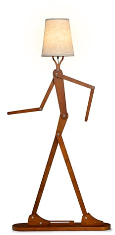TANGZON Floor Lamp, Rubber Wood Standing Lamp with Adjustable Joints, Sliding Track, Foot Switch & Non-Slip Base, DIY Creative Humanoid Floor Light for Living Room Bedroom Office