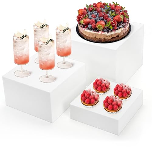 Hacaroa Set of 3 Acrylic Cube Riser Hollow Bottom, 6/7/8 Inch Small Glossy White Buffet Riser Food Display Stand, 5 Sides Cupcake Stand Nesting Display Box for Jewelry, Collectibles, Figures, 3 Sizes