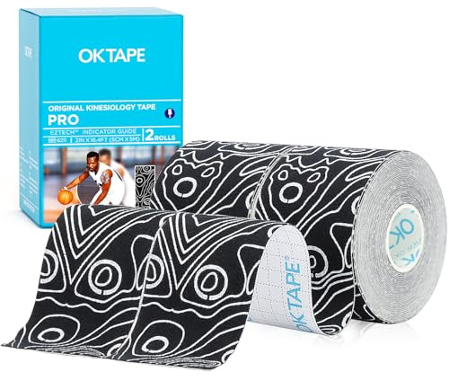 OK TAPE Pro Kinesiotapes, 5cm x 5m, 2 Rollen,Schwarz Weiß | Wasserfestes Hautfreundliche elastisches Kinesiotape für Knieschmerzen, Ellenbogen und Schulter