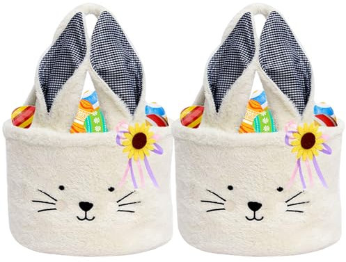 Tierisch süßer Osterkorb - Osterhase Plüschkorb zum Befüllen und Verschenken als frühlingshafte Osterdeko und Geschenkidee für ein blumiges Osternest. (2 Weiß)