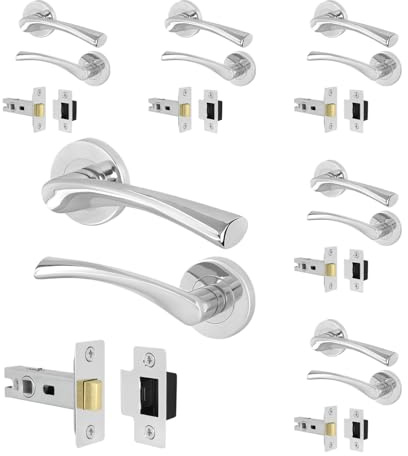 EAI Polished Chrome Door Handles with Latches, 6 Pack - Novoli | Complete Latch Kit with 6 Pairs of Lever on Rose Internal Door Handles, 64mm Latches, Fixings Included