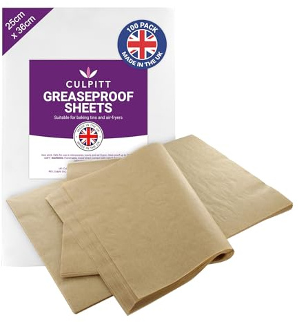 Culpitt 25 x 36cm Kraft Brown Greaseproof Sheets - 100 Pack | Heat Resistant To 220°C, Non-Stick, Ideal For Lining Trays, Boxes & Displays