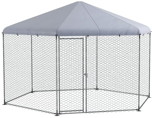 PawHut Utomhuskapsling hönshus 4 x 3,46 x 2,63 m av stål, kycklingbur med vattenavvisande, dörr och barer, kycklinginhägnad för 10–15 kycklingar, små djur och växter silver
