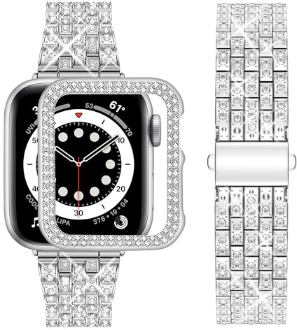 wutwuk Bling Straps with Case for Apple Watch 46mm | Fits iWatch Bands Series 11 10 46mm, Stainless Steel Strap for Women Men, Silver