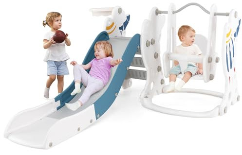 COSTWAY Toboganes Infantiles con Columpio 4 en 1, Juego de Tobogán y Columpio para Niños, Parque Infantil Interior con Deslizador Extendido, Aro de Baloncesto, para Niños de 18+ Meses