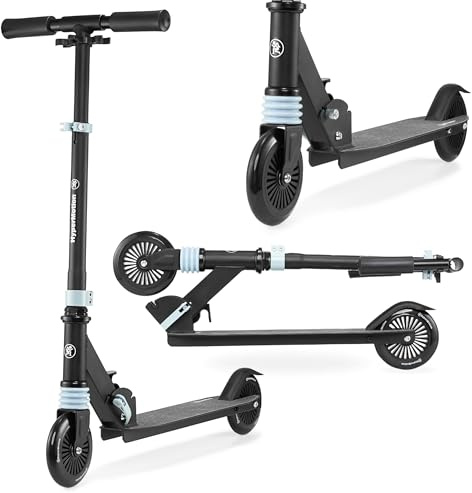 HyperMotion Sparkcykel för barn 4–9 år, vikbar tvåhjulig WALLY skoter med stötdämpare, justerbart styre, 125 mm gummihjul, svart/blå