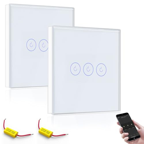 BSEED Smart Interruptor, WiFi Interruptor 3 Gang 2 Vías Funciona con Alexa y Google Home, Interruptor Táctil con Control Smart Life y Función de Temporización Blanco(SIN cable neutro)2 Piezas