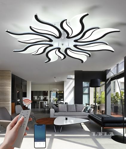 Moderne LED Deckenleuchte 70W 6730LM dimmbare Groß Wohnzimmerlampe 8 Heads Geometrisches Design mit Fernbedienung & Memory Funktion Schwarz Deckenbeleuchtung Schlafzimmer Augenpflege Deckenlampe 78cm