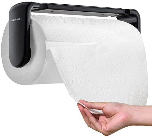 simpletome Paper Towel Holder Under Cabinet or Wall Mount ONE HAND Operation Tension Arm Kitchen Roll Holder (Black, for 24-28cm/9.4-11inches roll)