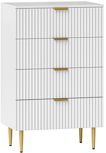 HOMCOM Cassettiera Camera da Letto 4 Cassetti Scanalati, Comò Moderna con Maniglie e Gambe Dorate, Mobiletto per Soggiorno, Cameretta e Corridoio in Legno, 60x40x96 cm, Bianco
