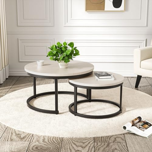 Hawthyhome Coffee Tables, Round Nesting Tables Tet of 2, Modern Side Tables with Metal Frame, Industrial Stacking End Tables for Living Room Bedroom Office, 60cm*40cm, Creamy White