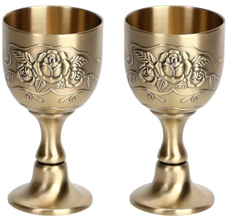 Cáliz de Copa Vintage, 30 ml/1 oz Mini Cáliz de Vino de Bronce en Relieve Copas de Vino Tinto de Metal Copa de Vino Real para Beber Whisky Vodka Licor de Vino (2Pcs)