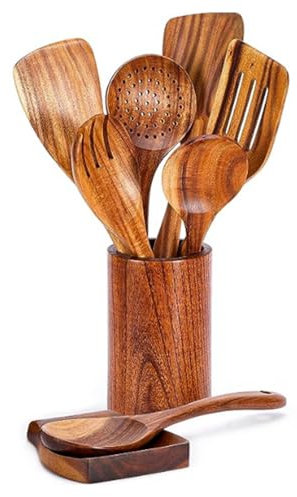MHADBKH 9 Paquete Elegante Juego Cubiertos Herramienta Cocina Utensilios Cocina Textura Madera Utensilios Cocina Set Presentes para Cocinar Gente