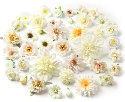 KUDLE 40 Stück Kunstblumen zum Basteln, Klein Künstliche Blumenköpfe, Blütenköpfe Deko, Künstlich Seidenblumen Fake Blumen Basteln Blumendeko für Tortendeko Hochzeitsdeko Scrapbooking