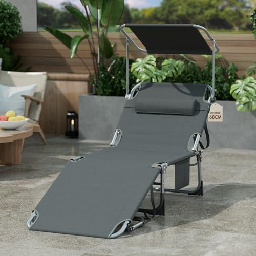 arvioo Sonnenliege, Dein Sommerbegleiter, Klappbare Gartenliege mit Dach & Kopfstütze & Seitentasche & Trageschlaufen, 4 Positionen, extra breit B68 x L194 x H30 cm, Liegestuhl aus Metall (Anthrazit)