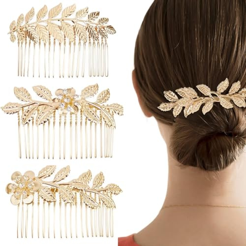 3 Pezzi Capelli con Pettine Pettini Laterali per Capelli Vintage in Metallo, Fermagli Decorativi per Foglie da Sposa Pettine per Capelli a Torsione Francese Dorati per Donne