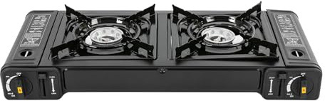Réchaud à gaz de camping à 2 brûleurs, réchaud de camping avec bol de barbecue et mallette de rangement, réchaud à gaz portable, 2 feux, noir pour l'extérieur et l'intérieur