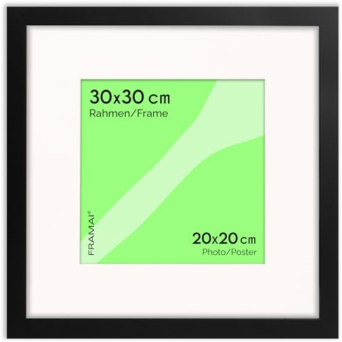 FRAMAI® Bilderrahmen 30x30 cm in Schwarz– mit Passepartout – MDF Holzrahmen, bruchsicheres Plexi, umweltfreundlich, mit Aufhängung & Ständer – Hochformat & Querformat