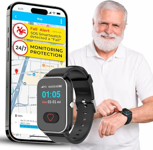 Seculife Reloj inteligente celular de alerta médica para personas mayores con detección de caídas, seguimiento GPS, botón SOS, monitor de frecuencia cardíaca y presión arterial, podómetro, llamadas