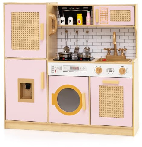 RELAX4LIFE Cucina Giocattolo per Bambini, Effetti Sonori e Luminosi, Gioco Cucina in Legno con Frigo, Microonde, Forno, Lavatrice, Mini Cucina per Bambini 3-6 Anni (Rosa)