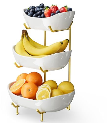 Josmimic 3 Tier Ceramic Fruit Bowl for Kitchen Counter – Fruit Basket with Gold Metal Stand, Fruit Holder for Snacks, Nuts, Cakes, Desserts, Bread, Candy Storage